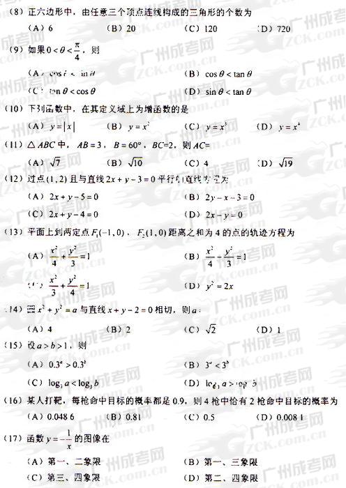 成人高考2009年统一考试数学（文）试题(图2)