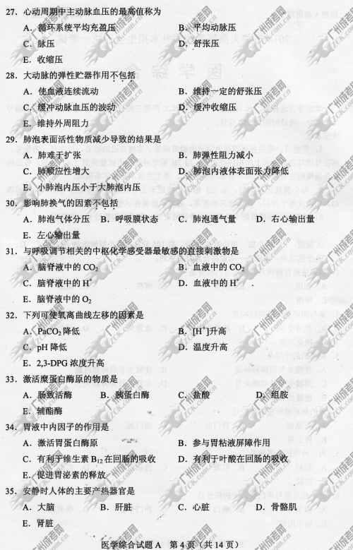 四川省成人高考2014年统一考试专升本医学综合真题A卷