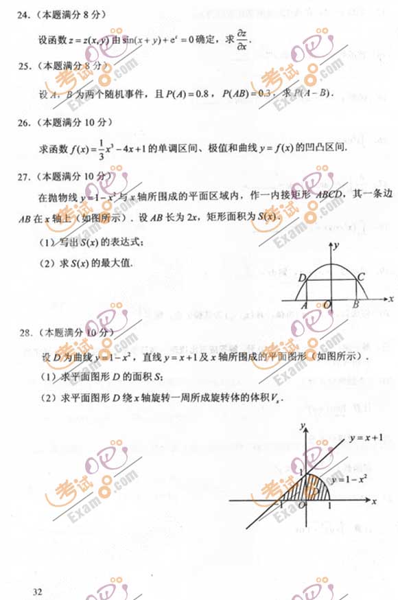 2011成人高考专升本《高数二》试题及答案(图4) 2011成人高考专升本《高数二》试题及答案(图4)