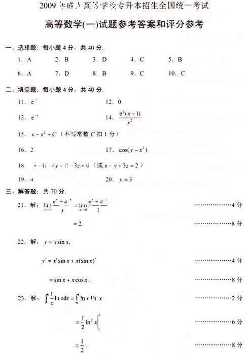 2009年成人高考数学试题答案(专升本)(图1)