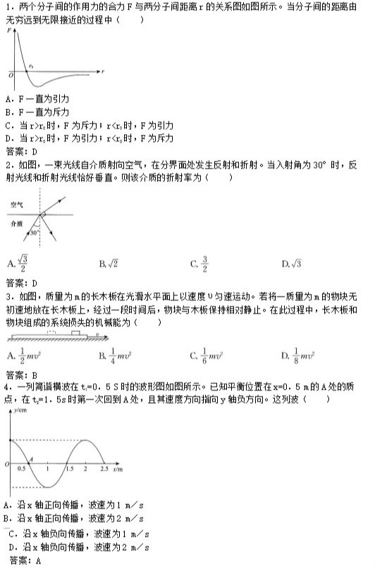 2016年成考高起点理化综合考试真题及答案1-5